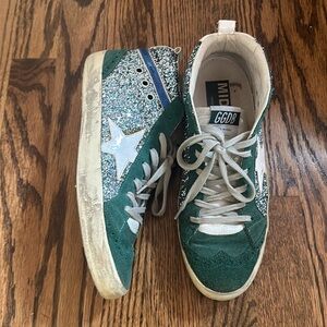 Golden Goose Mid Star Green Suede & Silver Glitter Mid Top Trainers EU 39 🤍